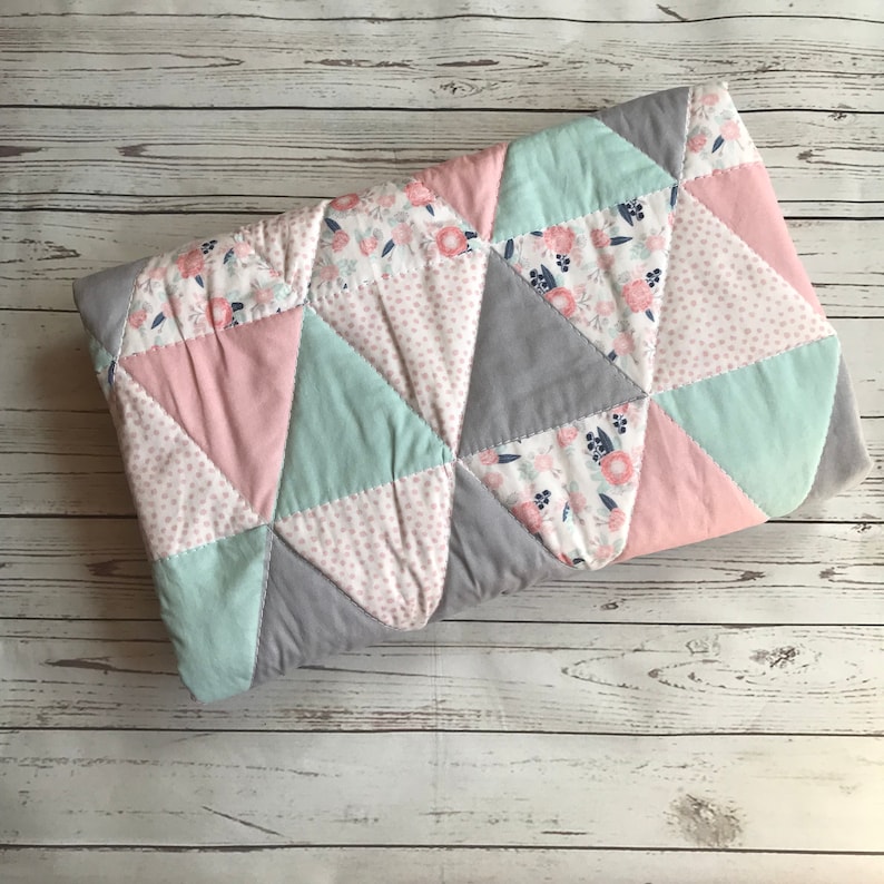 Floral Baby Quilt Baby Girl Quilt Pink Mint Gray Navy Quilt Etsy