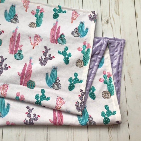 Cactus Baby Blanket, Cotton and Minky, Purple Back