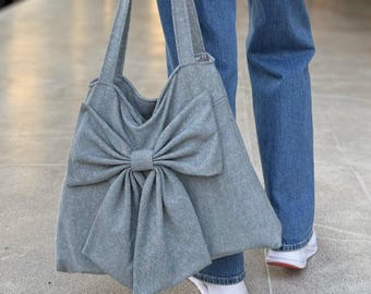 Handmade Minimalist Reusable Canvas Tote Bag with Large Front Bow, Eco Friendly Zipper Tote Bag, Cute Shoulder Bag