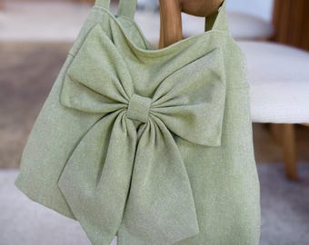 Large Green Canvas Tote Bag with Bow Zippered Shoulder Bag Minimalist Everyday Tote Gift for Her Mother’s Day Gift