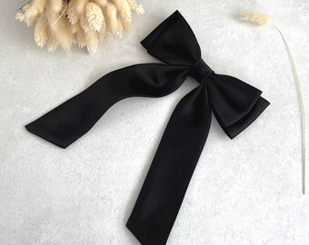 Black Satin Slim Hair Bow Black Bow Hair Accessory for Girl Handmade Black Ribbon Double Bow Woman Gift Bow For Party Funeral Hair Bow