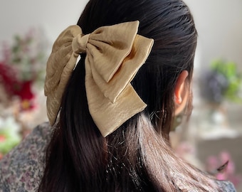 Gold Satin Layered Hair Bow Christmas Gift for Her Medium Sized Gold Hair Bow for Bachelorette Party Hen Do Staggered Satin Hair Bow