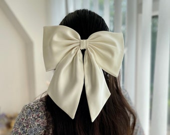 Ivory Duchess Satin Large Hair Bow, Bridal Bow, Oversized Bow with Tail, Big Bow with Barrette, Gift for Girl, Bow for Wedding, Giant Bow