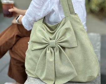 Tote Bag with Big Bow, Minimalist Eco Friendly Reusable Canvas Bag, Handmade Zipper Shoulder Tote, Cute Gift for Her Casual Bag Bohemian