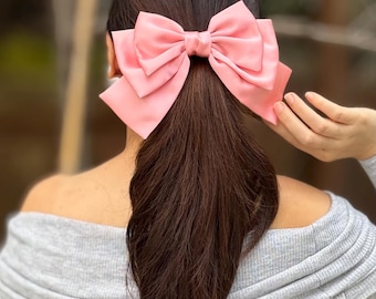Triple Bow Peach Satin Hair Bow for Women Salmon Pink Bow Hair Accessory for wedding Bridesmaids & Party Hair Bow