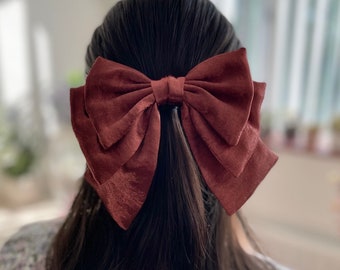 Cinnamon Brown Layered Hair Bow Christmas Gift for Her Medium Sized Brown Hair Bow for Bachelorette Party Hen Do Staggered Satin Hair Bow