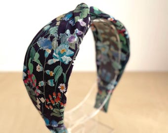 Navy Floral Turban Knot Headband Twisted Alice Band for Women Wildflower Hairband Girl Hair Accessory