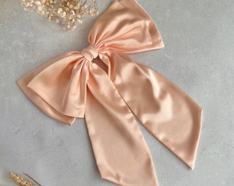 Peach Satin Large Double Hair Bow Women Giant Bow with Tail Apricot Big Bow with Barrette Christmas Gift for Girl Oversized Hair Bow