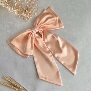 Peach Satin Large Double Hair Bow Women Giant Bow with Tail Apricot Big Bow with Barrette Christmas Gift for Girl Oversized Hair Bow