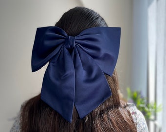 Big Satin Navy Bow Large Hair Bow for Party Oversized Bow with Tail Giant Bow with Barrette Statement Navy Blue Bow Hair Accessory for Girl