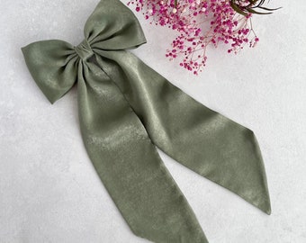 Dusty Sage Satin Hair Bow with long tail Sage Green Big Bow Christmas Gift for Girl Hen Do Hair Accessory Bow for Sage Green Wedding