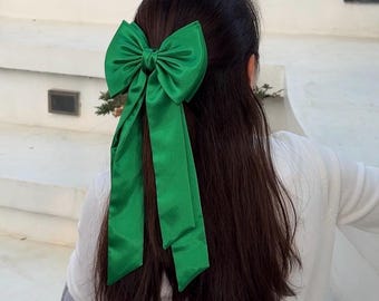 Bridesmaids Hair Bow Emerald Green Hair Accessory for Lady Jade Green Bow with Double Tail Bow for Prom Night Bachelorette Party