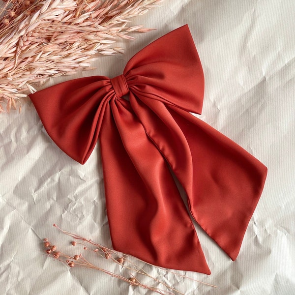 Burnt Orange Hair Bow with tail Oversized Bow Satin Rust Big Bow with Barrette Christmas Gift for Girl  Bow for Wedding Hen Do Hair Accessor