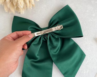 Handmade Jumbo Satin Hair Bow - Extra Large Green Clip-On Ribbon Bow