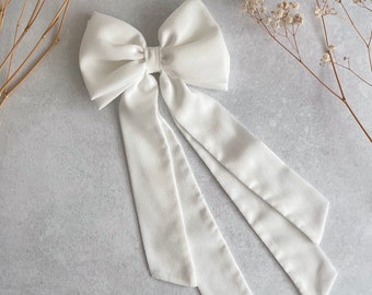 White Double Bow Hair Bow Light Weight White Bridal Bow Bachelorette Party White Crepe Hair Bow Hen Do Bow with Double Tail Bow for Wedding