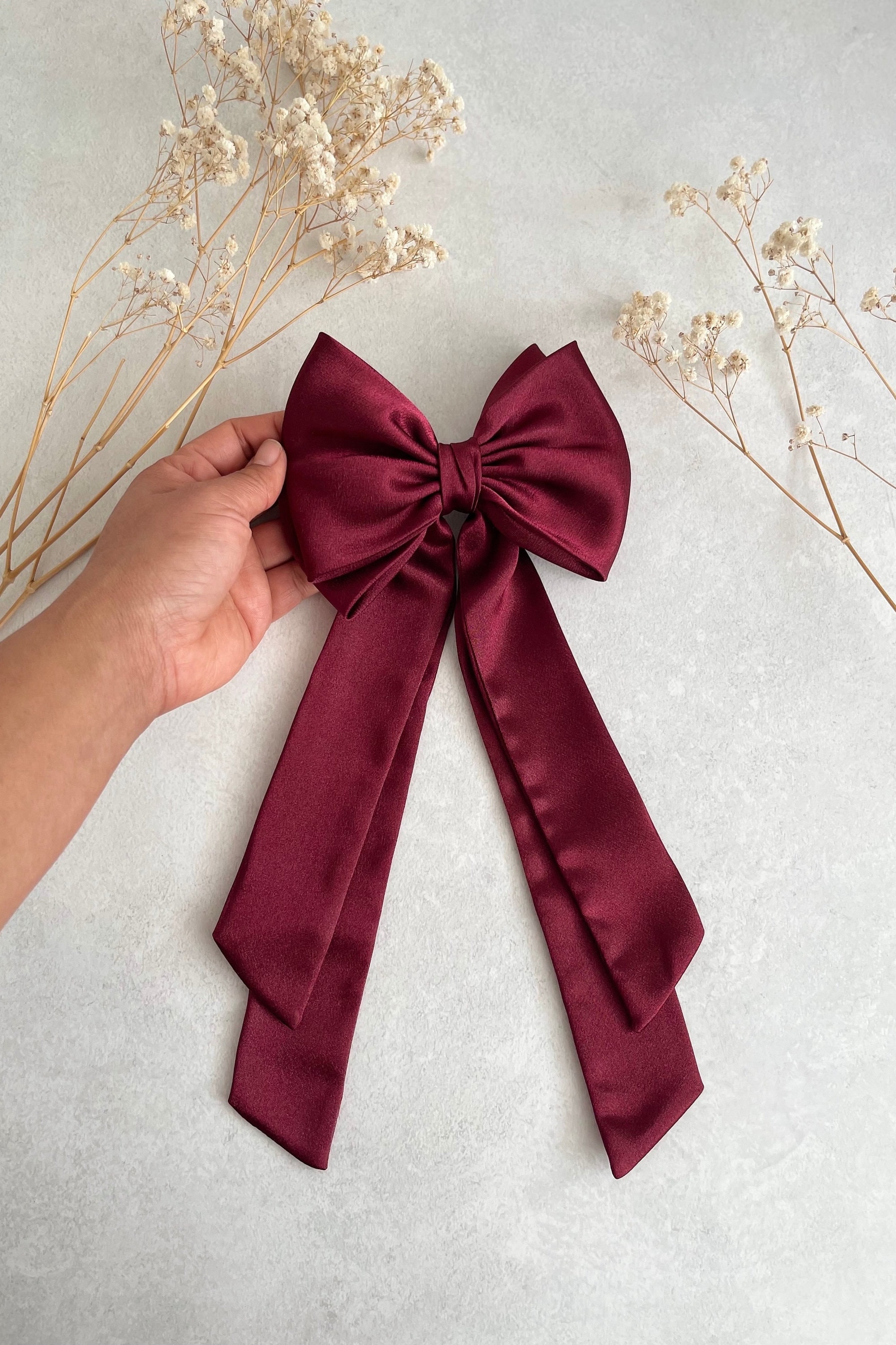 Wine Red Satin Double Bow for Hair Accessory for Women Dark  display picture 2