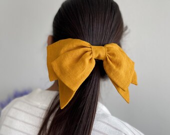 Lazo de pelo de lino amarillo mostaza, lazo grande sólido, lazo apilado de lino orgánico, lazo gigante, lazo con pasador, regalo para niña, lazo de pelo de gran tamaño