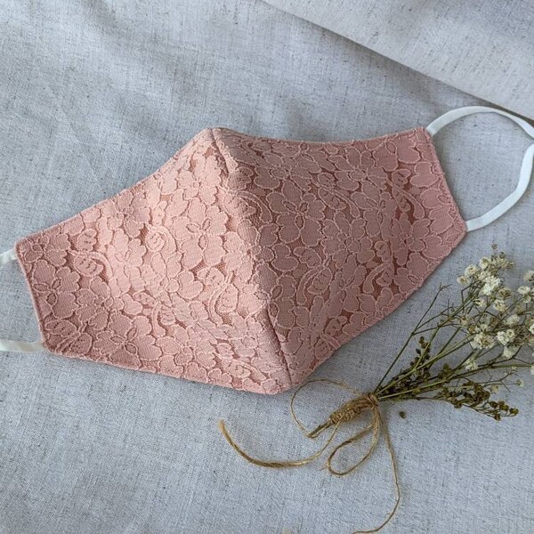 Dusty Pink Chantilly Lace Face Mask, Wedding Mask With Filter Pocket, Fabric Mask, Woman Luxurious Face Mask, Floral Face Covering