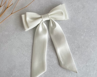 Ivory Satin Sturdy Bow White Double Bow with Tail Slim Double Bow for Bride Bow for Wedding Party Bow with Elastic band Bow with Hair Clip