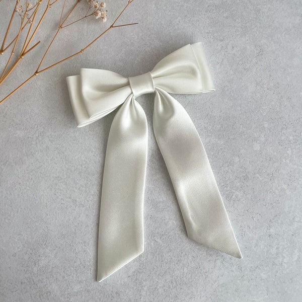 Ivory Satin Sturdy Bow White Double Bow with Tail Slim Double Bow for Bride Bow for Wedding Party Bow with Elastic band Bow with Hair Clip