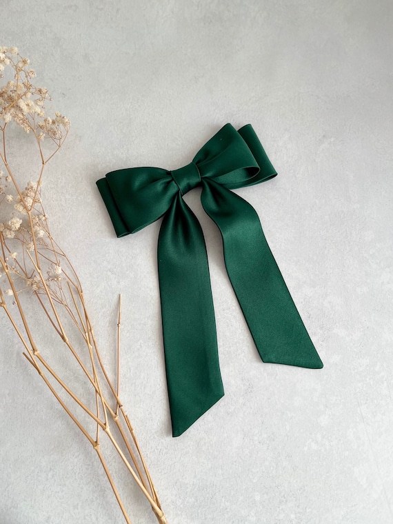 Forest Green Satin Hair Bow Slim Dark Green Bow Hair