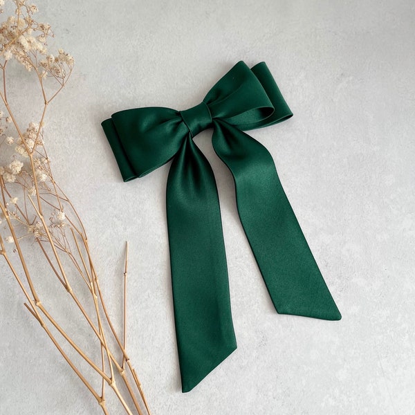 Forest Green Satin Hair Bow Slim Dark Green Bow Hair Accessory for Girl Handmade Green Ribbon Double Bow with Tail Woman Gift Bow For Party