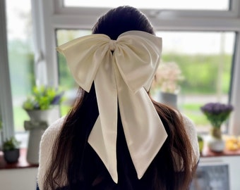 Ivory Satin Large Double Hair Bow, Ivory Satin Hair Bow, Giant Bow with Tail, Big Bow with Barrette, Gift for Girl, Oversized Ivory Hair Bow