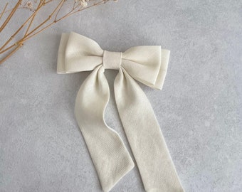 Ivory White Linen Hair Bow Slim Double Bow Bridal Hair Accessory for Women Ivory Double Bow with Tail Bow for Party Women Hair Bow Gift