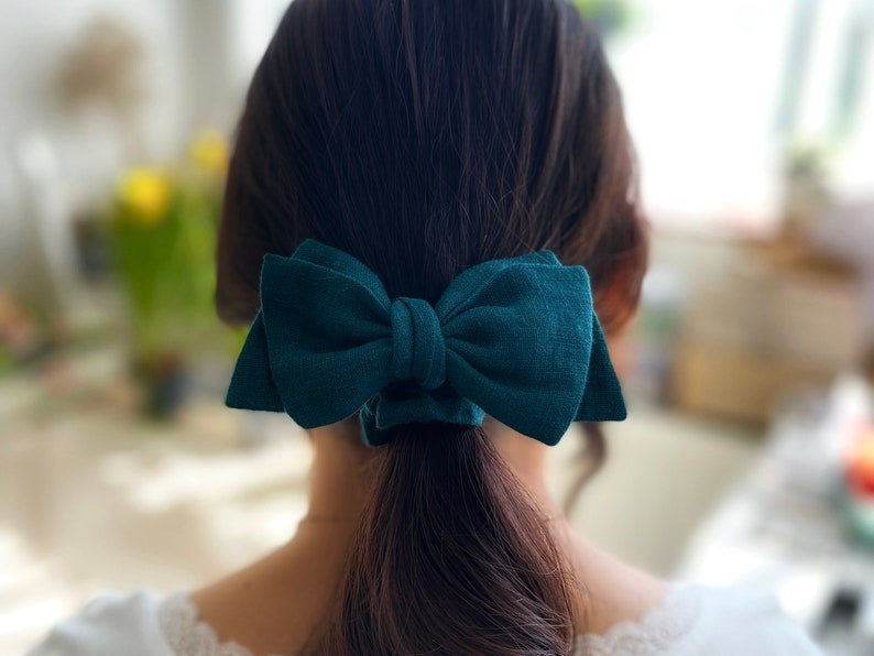 Organic Linen Scrunchies with Bow, Blue Teal Soft Linen Scrunchie, Hair Accessories, Gift for Girl, Hair Scrunchie, Stonewashed Linen Bow image 1