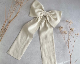 Big Ivory Linen Hair Bow Bridal Boho Hair Accessory for Wedding Ivory Linen Single Bow with Long Tail Bow for Wedding Ivory Bow Hen Party