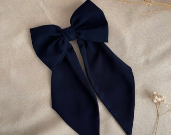 Navy Chiffon Sailor Hair Bow with Pointed Tail Light Weight Navy Blue Bow for Girl Medium Hair Bow Woman Gift Single Layer Bow For Party