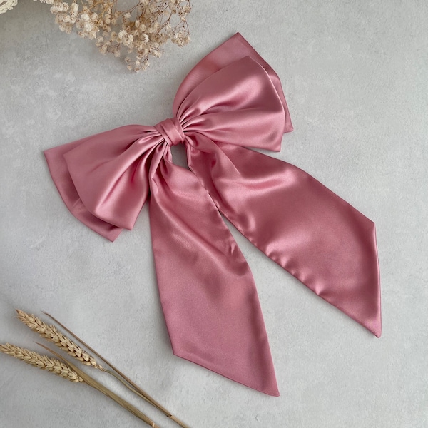 Old Rose Pink Satin Large Double Hair Bow Women Giant Bow with Tail Puce Big Bow with Barrette Christmas Gift for Girl Oversized Hair Bow