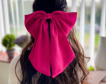 Magenta Satin Barbie Large Hair Bow, Shiny Hot Pink Satin Bow, Giant Bow with Tail, Big Bow with Barrette, Gift for Girl, Bow for Wedding