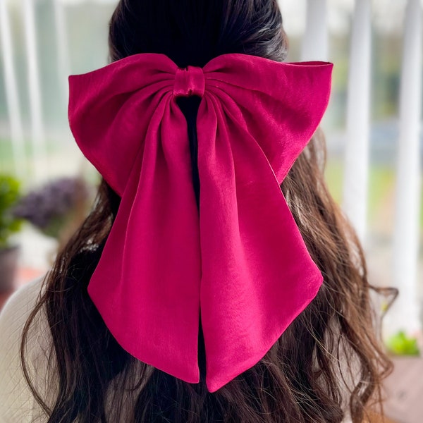 Magenta Satin Barbie Large Hair Bow, Shiny Hot Pink Satin Bow, Giant Bow with Tail, Big Bow with Barrette, Gift for Girl, Bow for Wedding