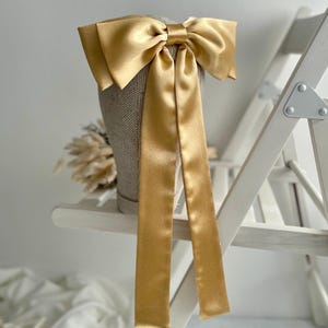 Gold Satin Double Bow Hair Accessory for Women Gold Bow with Tail Bow for Christmas Party Prom Night Bachelorette Party Bridesmaid Hair Bow