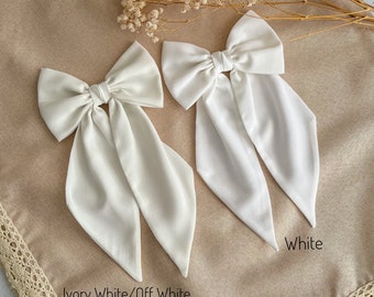 Ivory White Chiffon Hair Bow with Pointed Tail Hair Accessory for Girl Medium Bow for Wedding Single Layer Bow Gift for Woman Bow for Hair