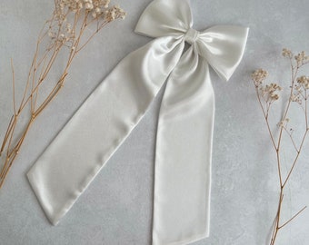 White Bow Satin with Long Tail Big White Single Bow with Barrette Bridal White Satin Hair Bow for Hen Party Comb Slide Satin Hair Bow White
