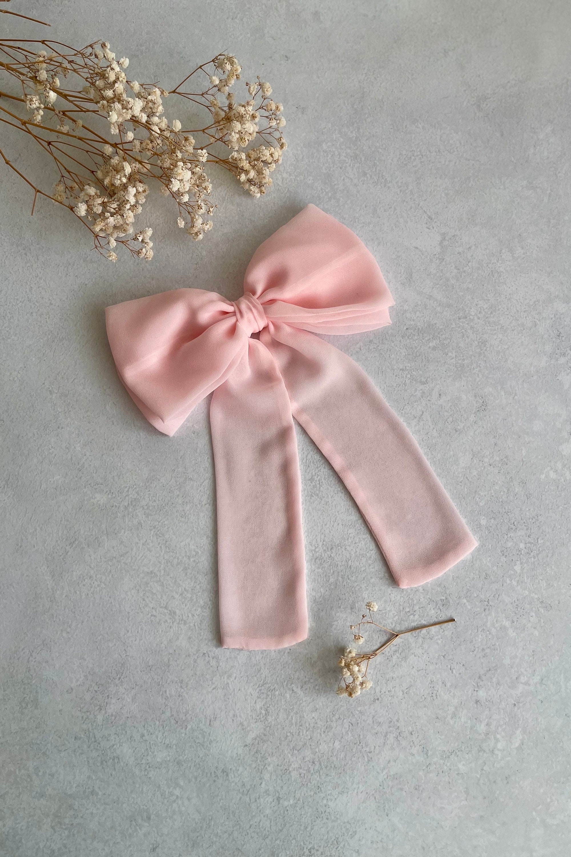 Soft Pink Chiffon Hair Bow With Tail Double Bow Chiffon for