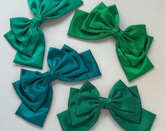 Statement Green Satin Hair Bow for Women Emerald Green Jade Bow Hair Accessory for wedding Bridesmaids & Party Teal Bow