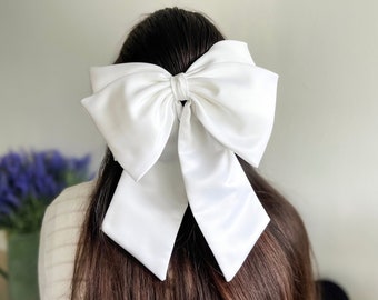 White Duchess Satin Bridal Hair Bow, Giant Double Bow with Tail, Big Bow with Barrette, Gift for Girl, Oversized Bow for Wedding, Large Bow