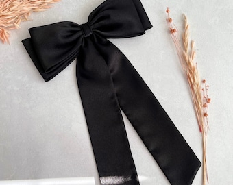 Black Satin Double Bow with Long Tail Big Bow with Barrette Gift for Girl Oversized Black Satin Hair Bow Bow for Party Statement Hair Bow