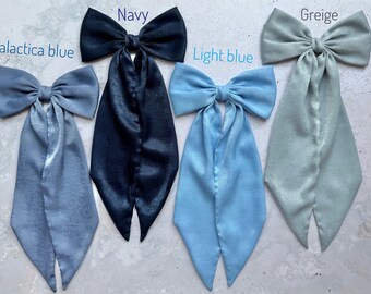 Blue Velvet Satin Hair Bow – Chic Everyday Accessory, Elegant Dress & Handbag Bow