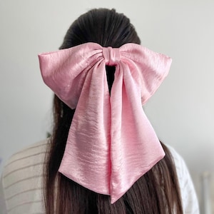 Large Pink Barbie Hair Bow, Oversized Satin Bow, Giant Bow with Tail, Big Bow with Barrette, Gift for Girl, Plain Pink Bow for Wedding