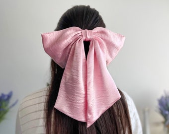 Large Pink Barbie Hair Bow, Oversized Satin Bow, Giant Bow with Tail, Big Bow with Barrette, Gift for Girl, Plain Pink Bow for Wedding