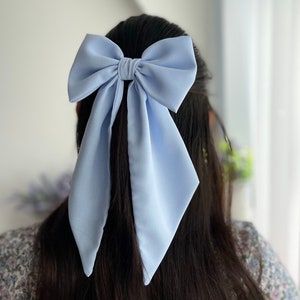 Chiffon Hair Bow Blue Bow with Pointed Tail Accessory for Girl Medium Bow for Woman Gift for Girl Christmas Gift for Girl Single Layer Bow