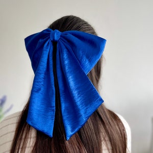Royal Blue Satin Large Hair Bow, Luxurious Oversized Satin Bow, Giant Bow with Tail, Big Bow with Barrette, Gift for Girl, Bow for Wedding