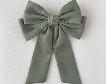 Clover Green Satin Hair Bow Slim with Tail Skinny Double Bow Woman Fern Green Hair Bow For Hen Party Bow for Wedding Bow for Bridesmaid