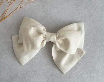 Ivory White Linen Hair Bow Triple Layered Plain Big Bow Organic Linen Giant Bow with Barrette Gift for Girl Oversized Hair Bow for Wedding