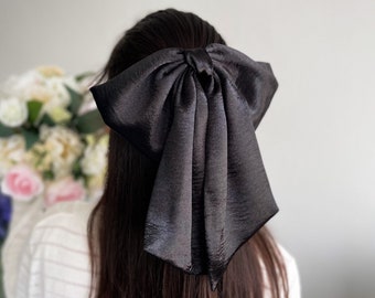 Black Satin Large Hair Bow, Luxurious Oversized Satin Bow, Giant Bow with Tail, Big Bow with Barrette, Gift for Girl, Bow for Wedding