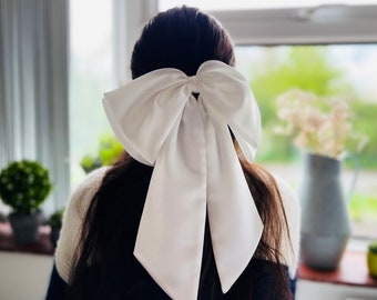 White Satin Large Double Hair Bow, White Satin Hair Bow, Giant Bow with Tail, Big Bow with Barrette, Gift for Girl, Oversized White Hair Bow